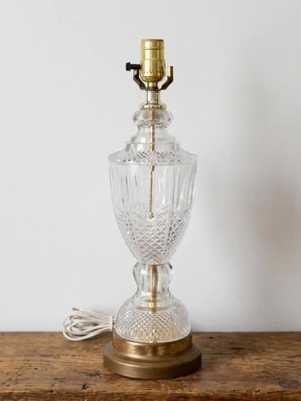 Vintage Cut Glass Table Lamp Brass Base Neoclassical Hollywood Regency Crystal